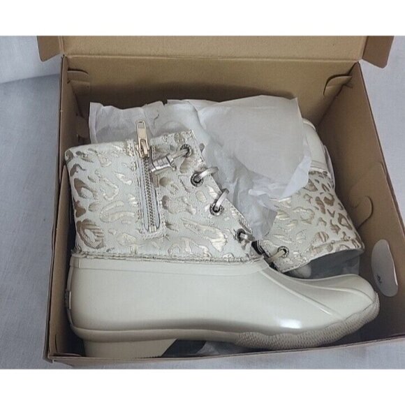 NEW Sperry Saltwater Metallic Jacquard Duck Boot Womens Size 7 Cream Booties NIB - Picture 1 of 10